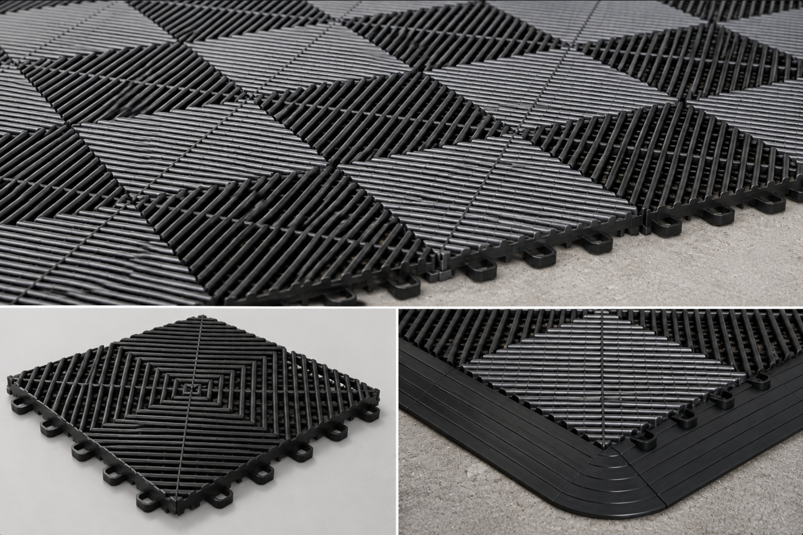 Modular garage tile surface, interlocking edges and perimeter ramp detail
