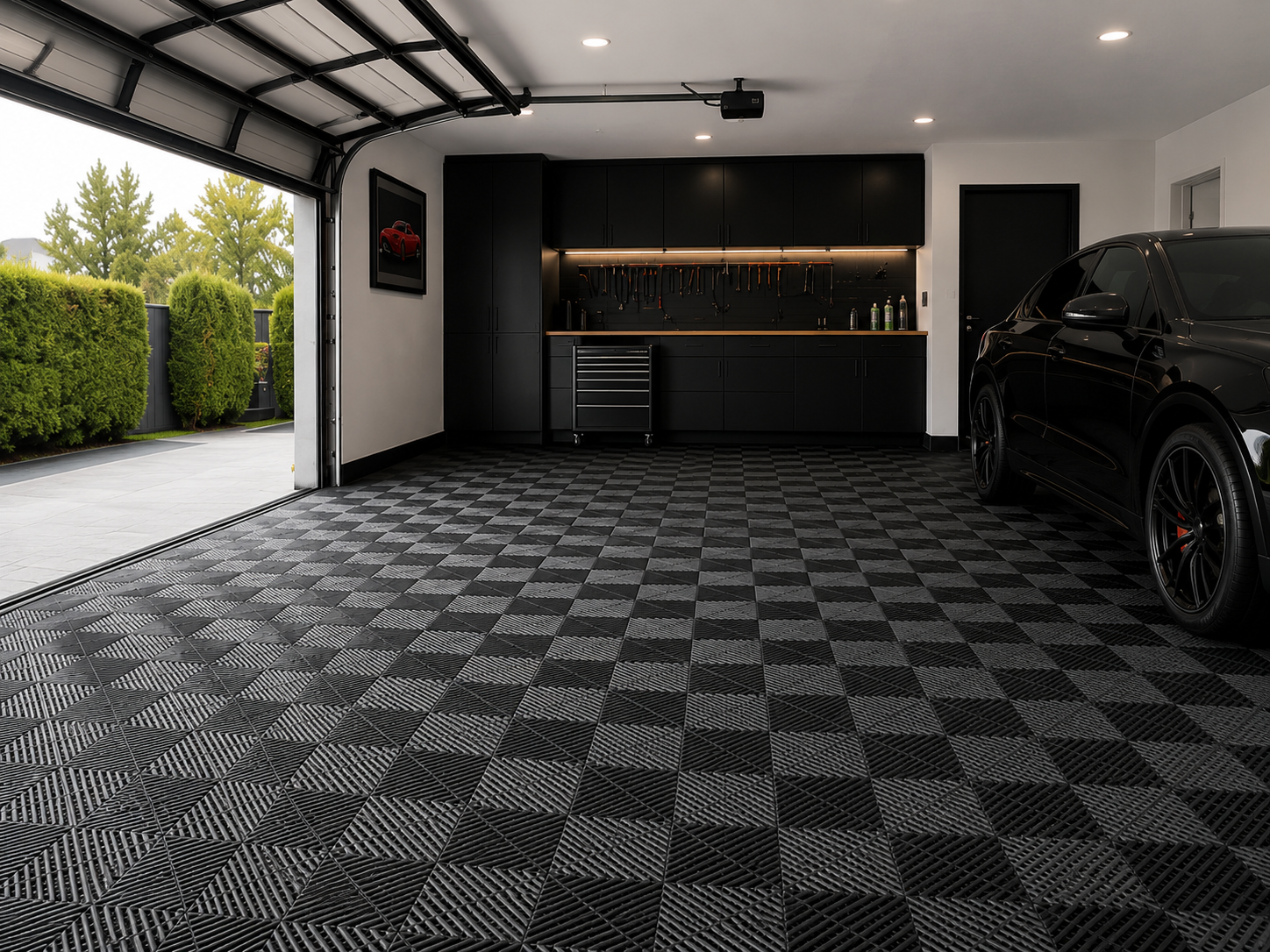 Modular garage flooring installed in a residential garage