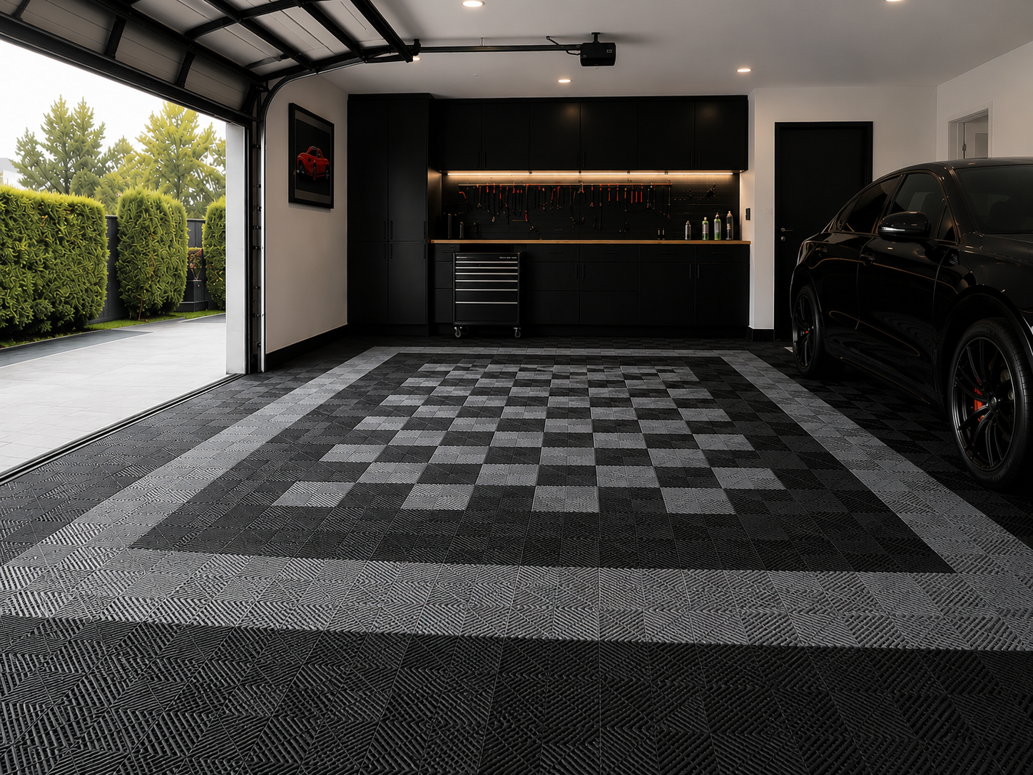 Black and grey motorsport modular garage flooring layout