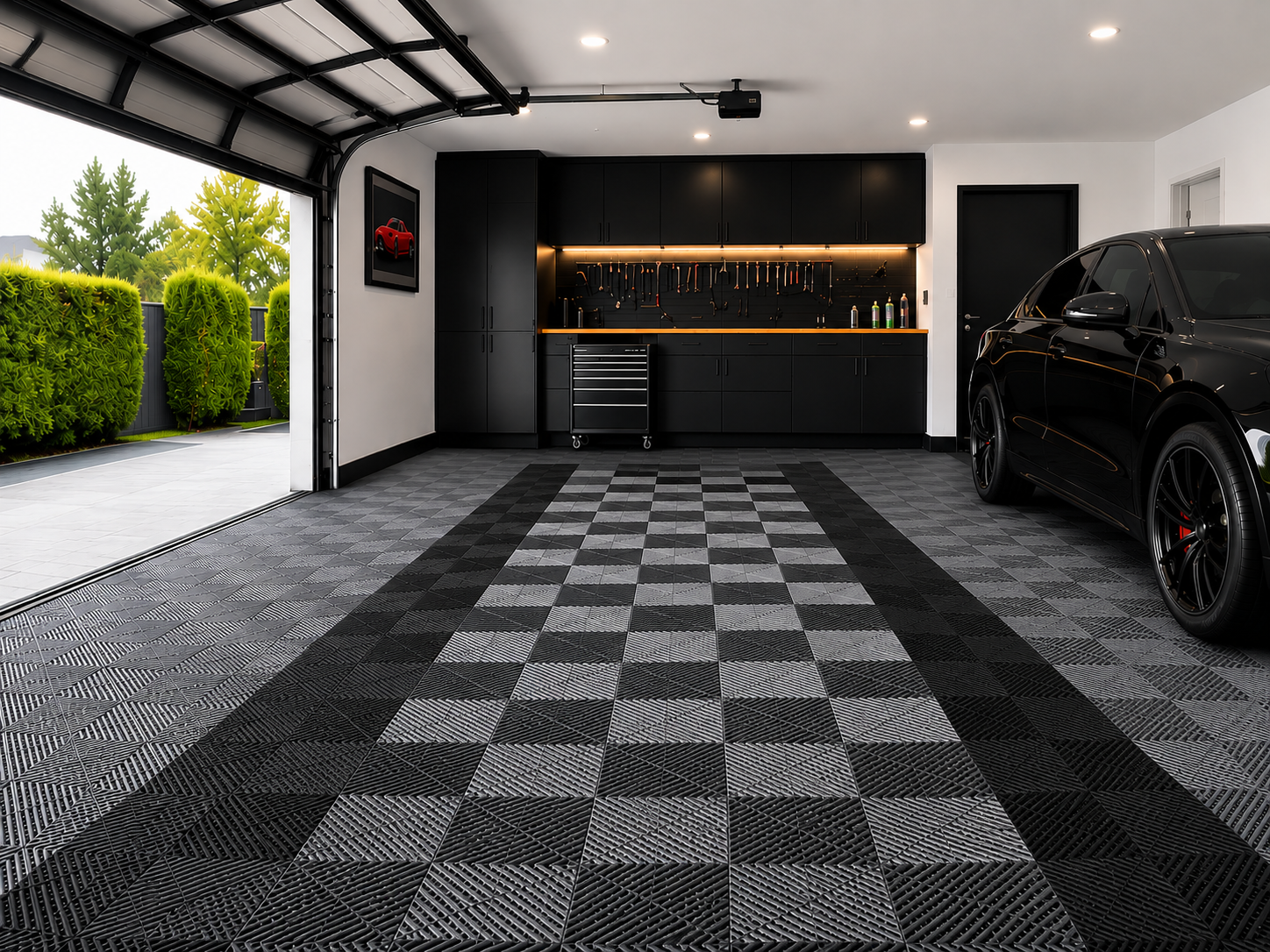 Custom zoned checker modular garage flooring layout