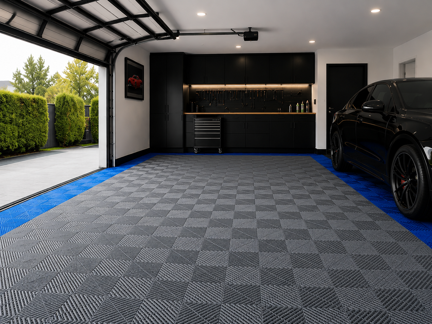 Grey and blue premium modular garage flooring layout